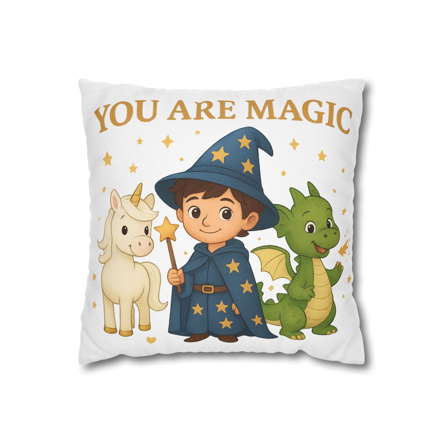Magic Text Square Pillowcase - Unicorn Fiona, Wizard Lino, Dragon Drago, Fantasy Bedroom Decor, Kids Gift