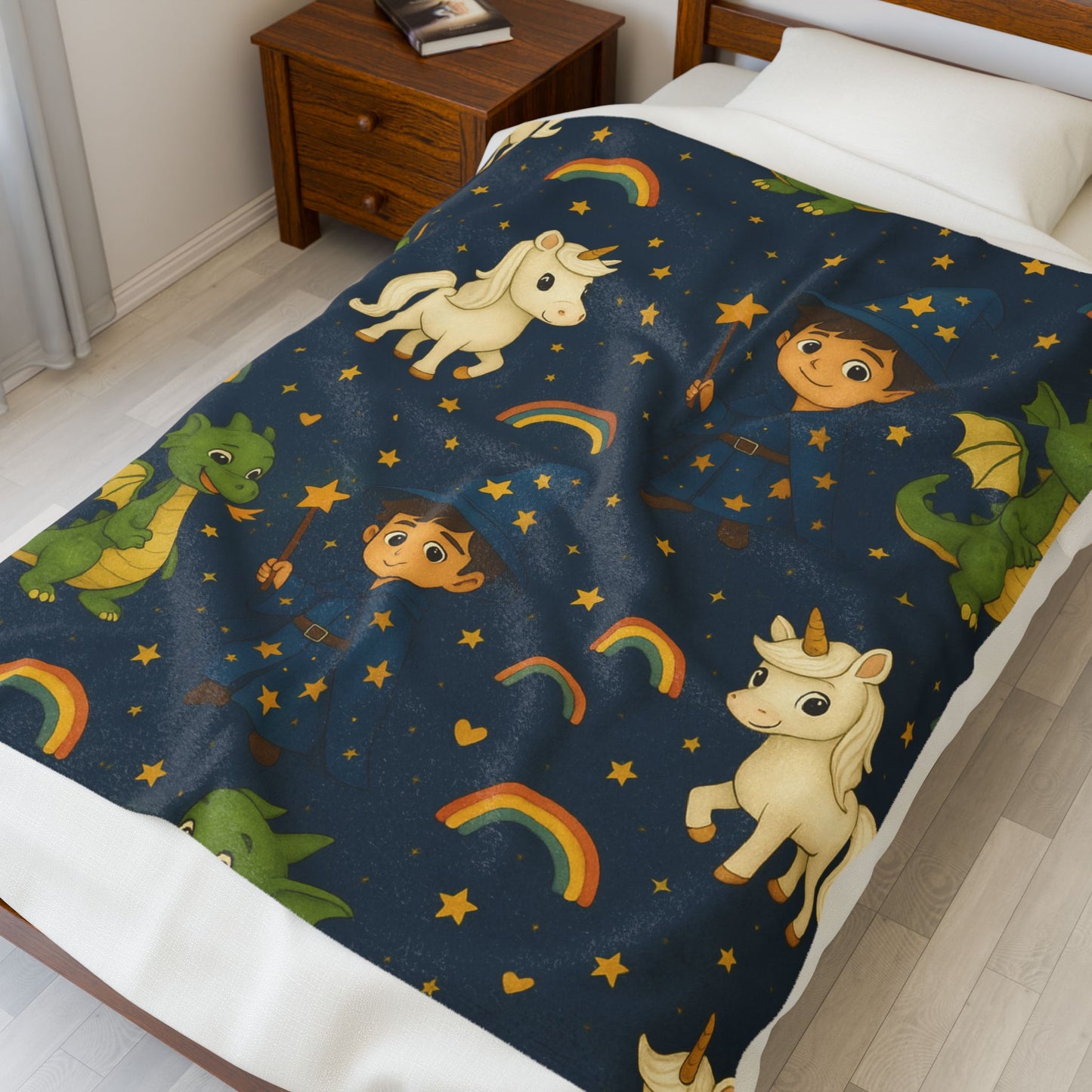 Magical Friends Velveteen Plush Blanket | Cozy Unicorn & Dragon Design, Child's Bedtime Blanket, Nursery Decor, Gift for Kids, Fantasy Lover