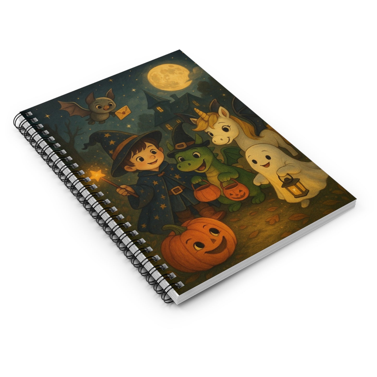 Magic Spiral Notebook - Ruled Line with Einhorn Fiona, Zauberer Lino, Drache Drago, Halloween, Unicorn Fairy Dragon Wizard Halloween Theme