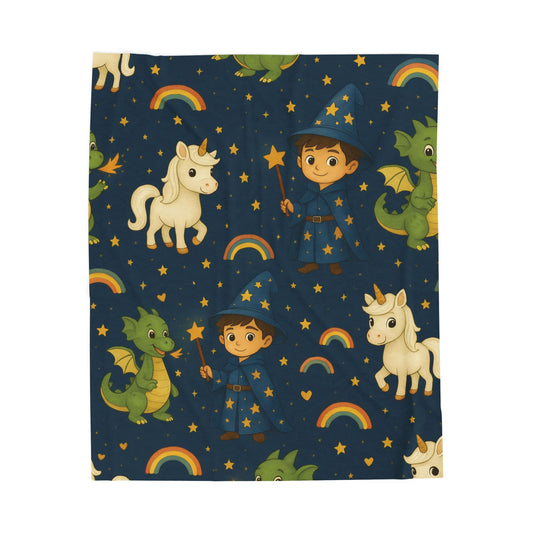Magical Friends Velveteen Plush Blanket | Cozy Unicorn & Dragon Design, Child's Bedtime Blanket, Nursery Decor, Gift for Kids, Fantasy Lover