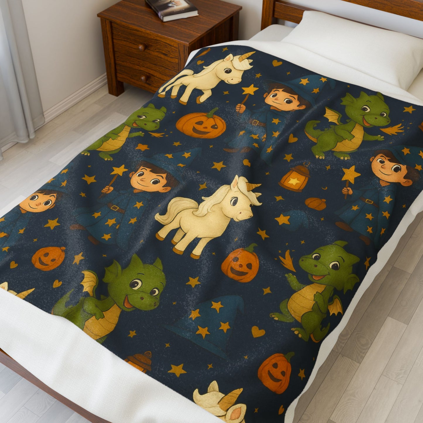 Magical Creatures Plush Blanket, Cozy Kids Throw, Unicorn and Dragon Design, Perfect for Halloween and Gift Giving