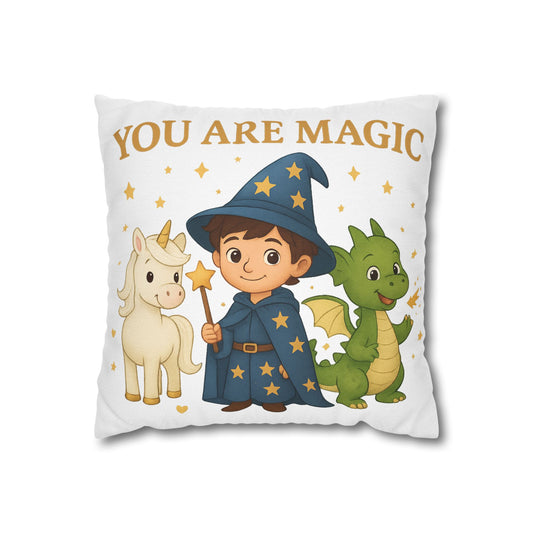 Magic Text Square Pillowcase - Unicorn Fiona, Wizard Lino, Dragon Drago, Fantasy Bedroom Decor, Kids Gift