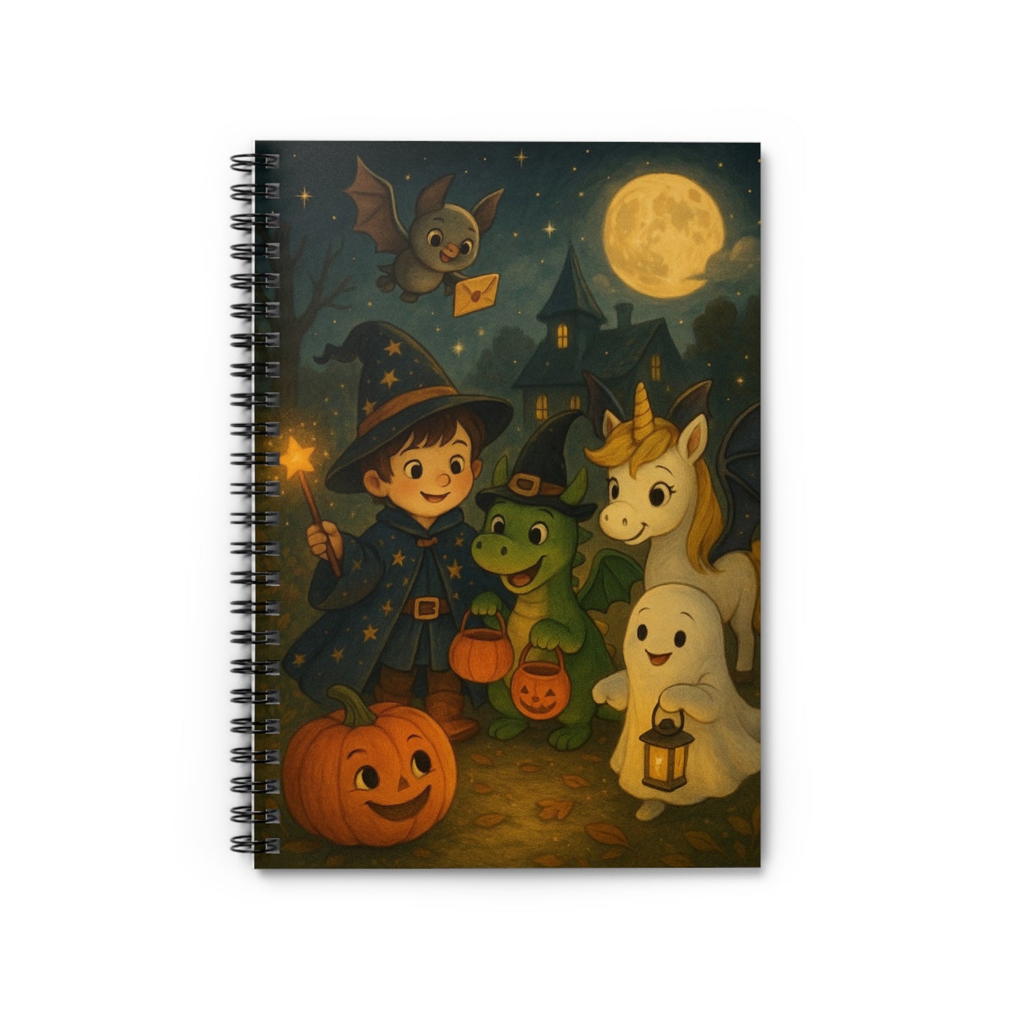 Magic Spiral Notebook - Ruled Line with Einhorn Fiona, Zauberer Lino, Drache Drago, Halloween, Unicorn Fairy Dragon Wizard Halloween Theme