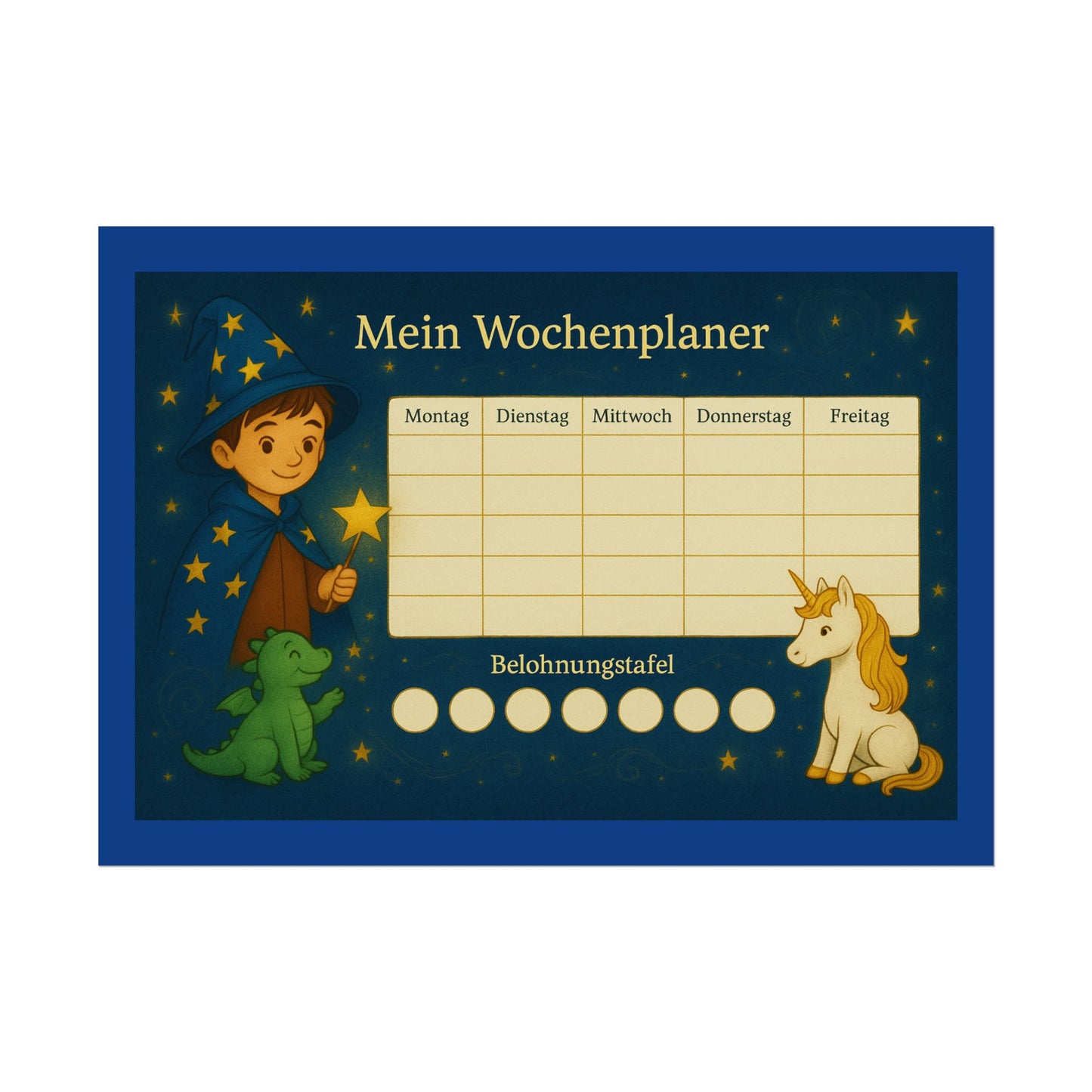 Magischer Kinder Wochenplaner Einhorn, Drache, bunte Wanddeko